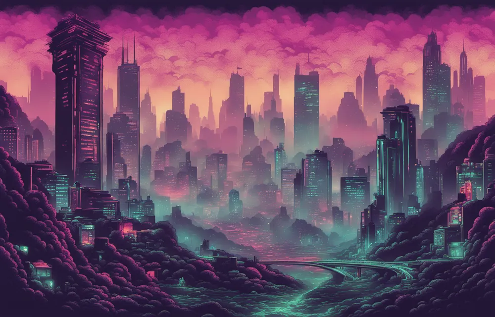 Pixel-art synthwave megacity at dusk