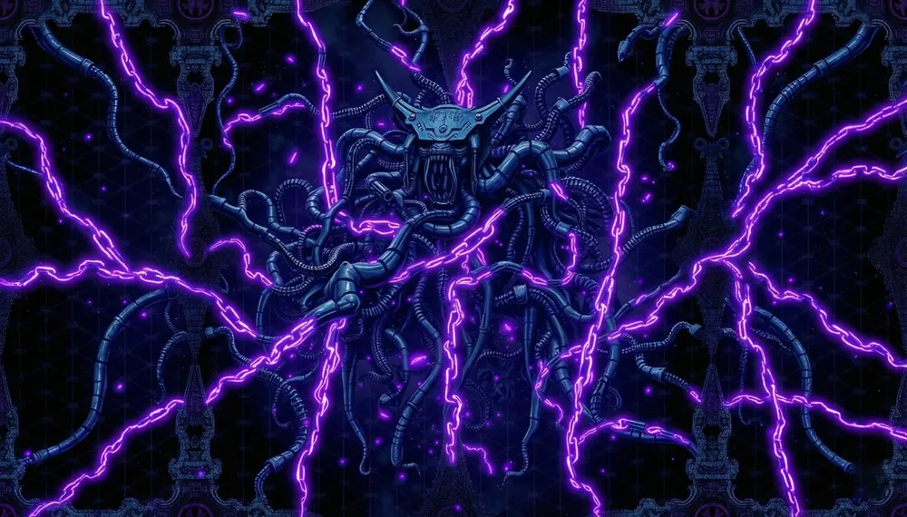 A horned mechanical skull wreathed in cables and violet lightning
