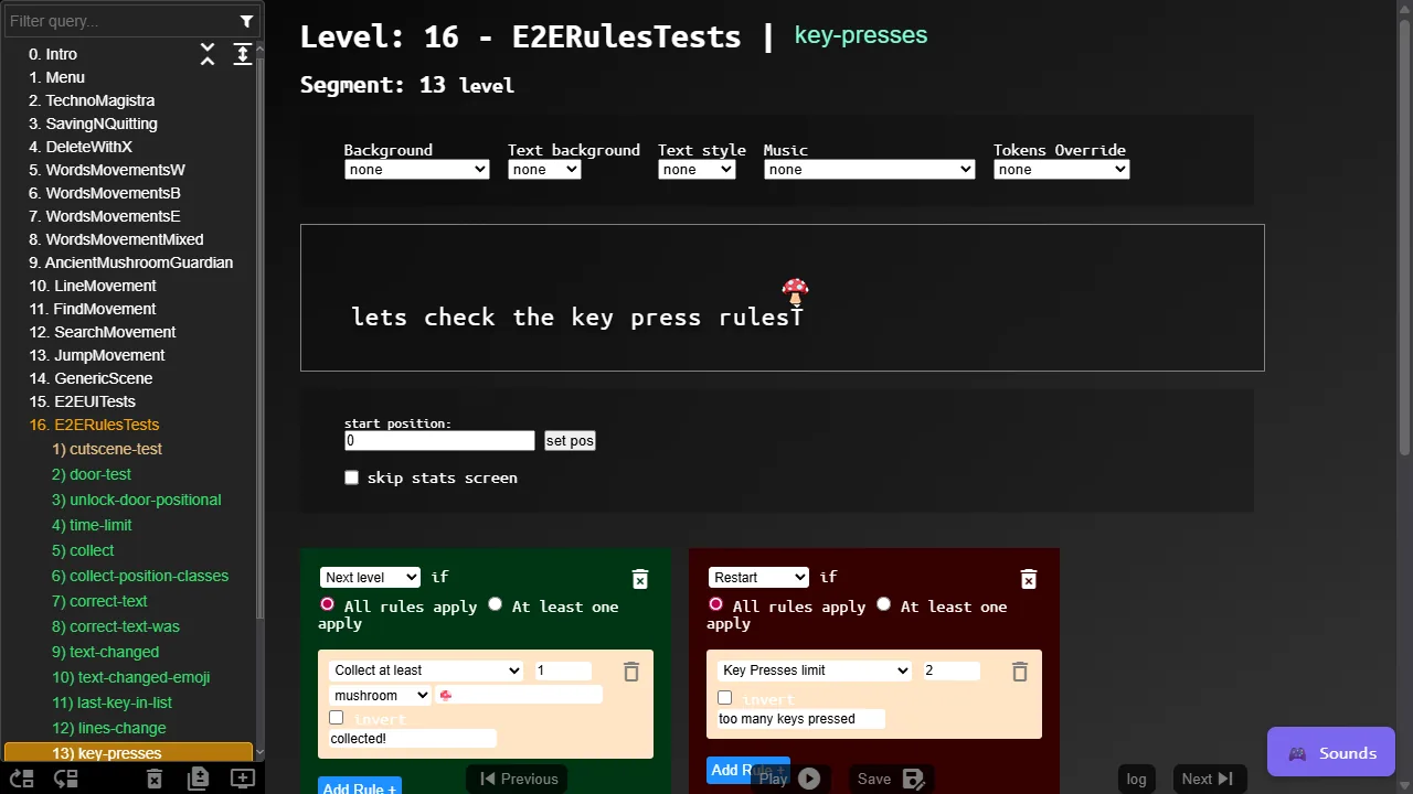 The in-browser level editor: scene tree, document preview and two rule cards