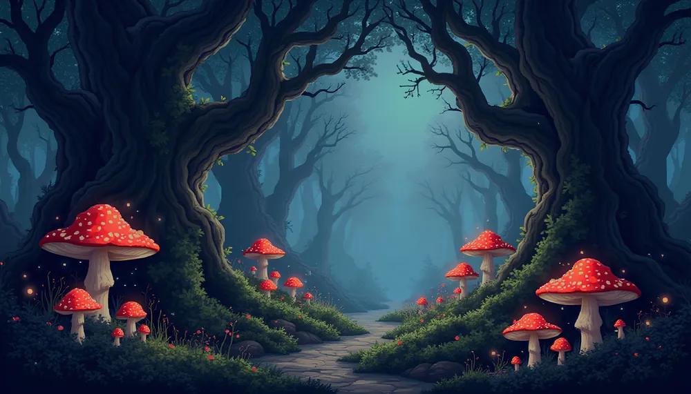 Twilight forest of giant red mushrooms