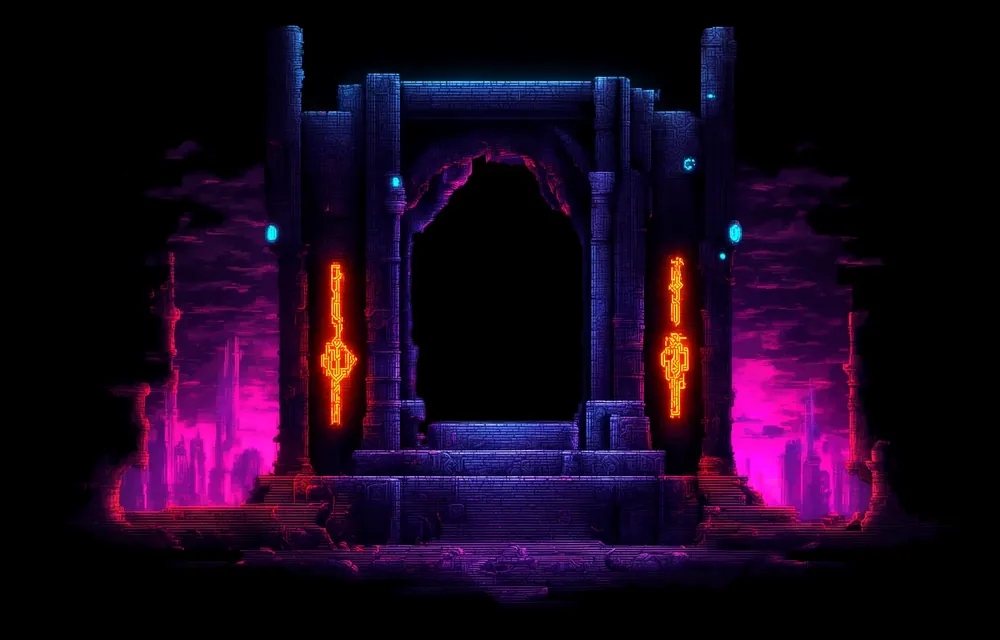 Neon-runed stone gateway with a black portal