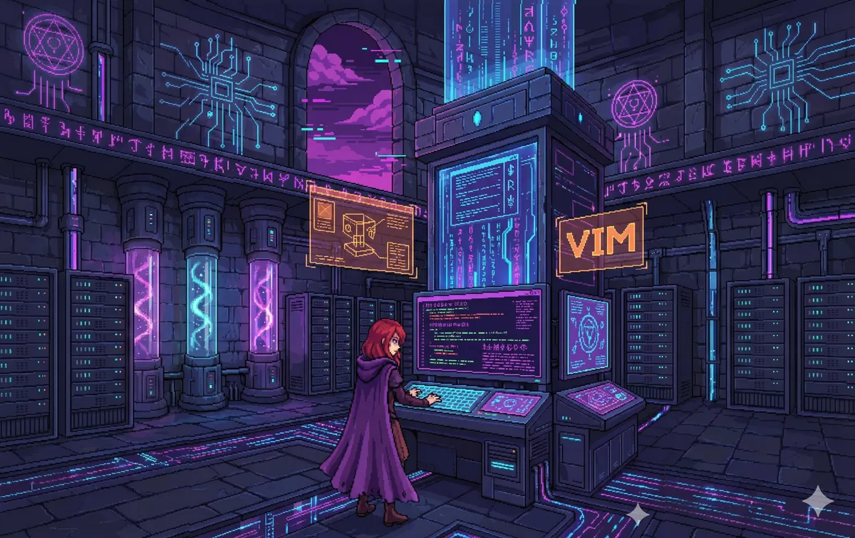 Zara at a terminal in the cyberpunk temple