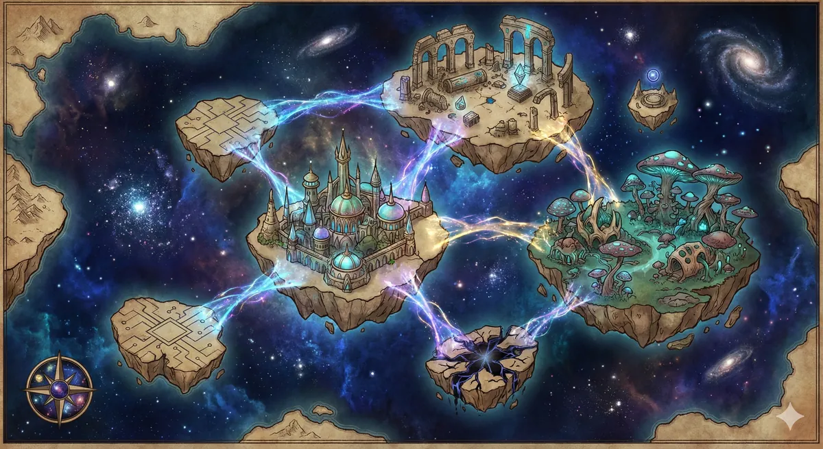 Hand-drawn star map of floating islands
